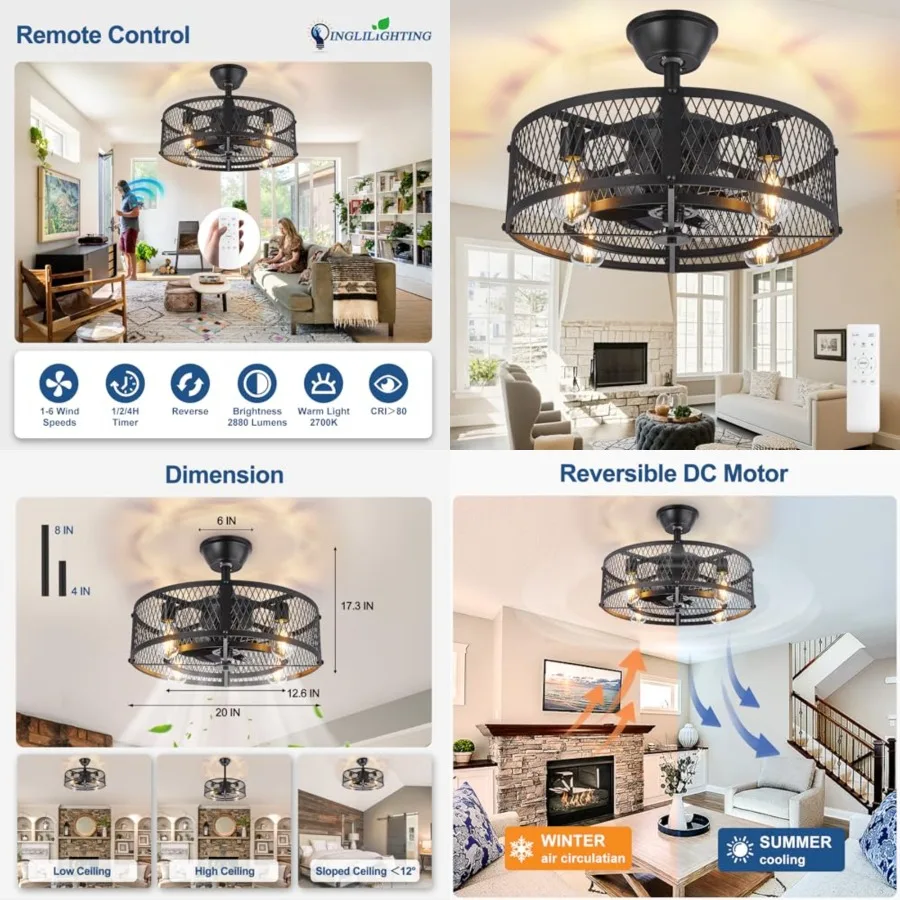

DLLT Caged Ceilg Fan with Light:"Farmhouse Fandelier with Lights and Remote Control - Black Rustic Semi Flush Mount Bladeless C