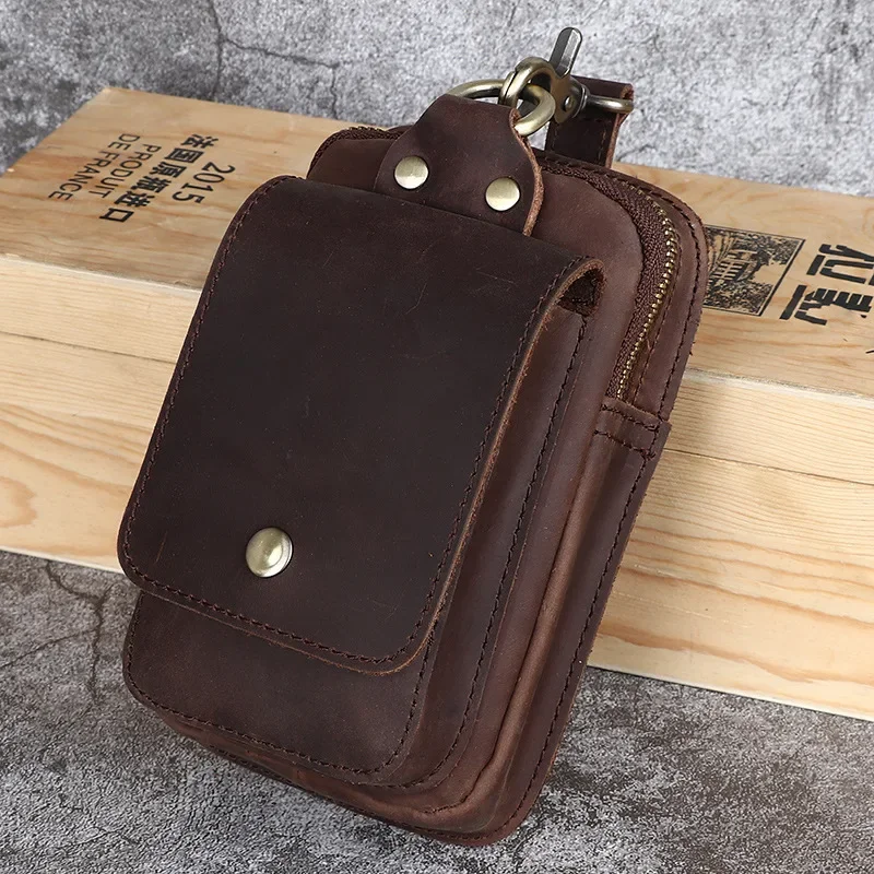 High Quality Leather Men's Waist Bag Vintage Casual Cell Phone Head Layer Cowhide