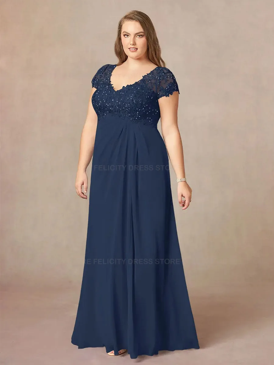 Dark Navy Plus Size Mother of the Bride Dresses 2023 A-Line V-neck Wedding Party Dress Lace Chiffon Sequin Robes Invitée Mariage