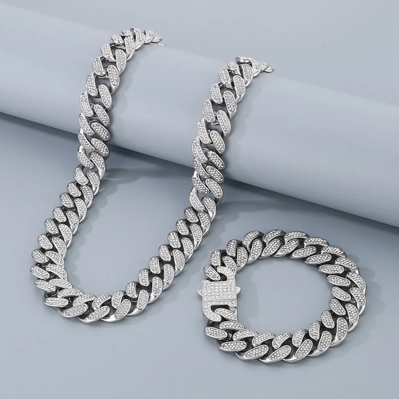 Stainless Steel Cuban Chain Bracelet Necklace for Men Women Shiny Full Rhinestone Jewelry Sets 18K Gold Color Charms Accessories