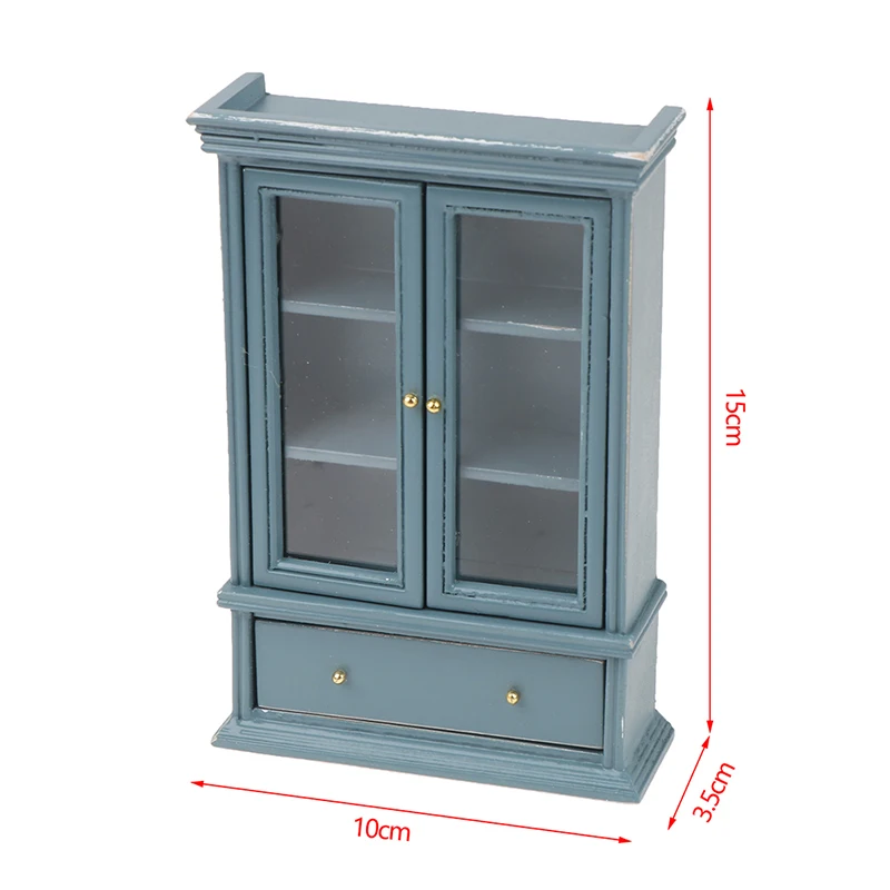 1PC 1:12 Dollhouse Miniature Furniture Haze Blue Double Door Glass Cabinet Cupboard Bookcase Model For Dollhouse Decor DIY Toys