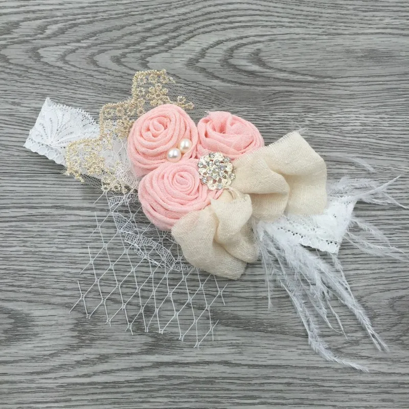 Lace Headband Baby Satin Flower Headband Baby Girl Headwraps Newborn Photo Props Diamond Pearl Feather Wedding Headband for Baby