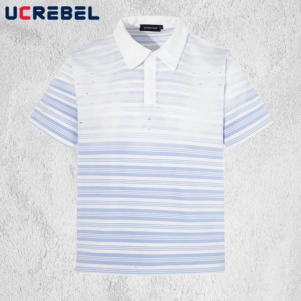 

Мужские поло с градиентным окрашиванием и полосками, рваные, летние, в стиле High Street, свободного кроя, с коротким рукавом, хлопковые футболки, мужские топы