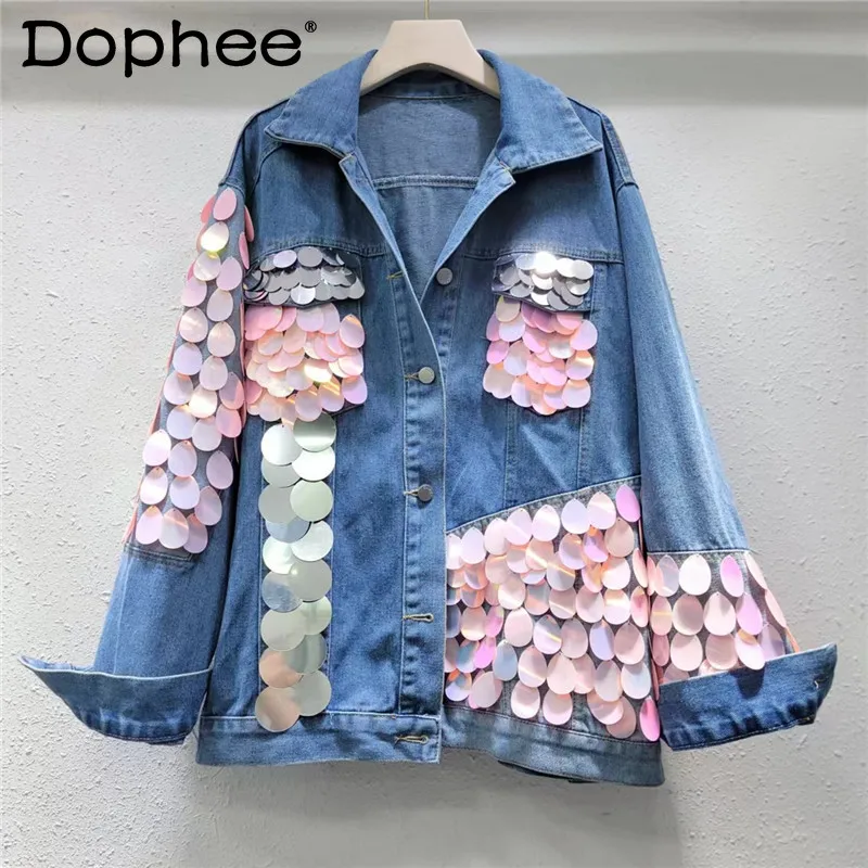 

Fashionable Street Long Sleeve Denim Jacket Women 2024 Spring Autumn New Heavy Industry Beads Sequined Blue Jean Jacket Woman