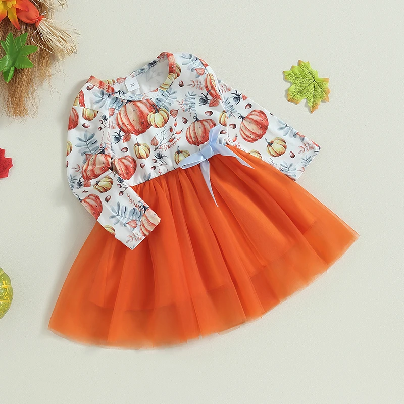 

Girls Halloween Costume Pumpkin Print Long Sleeve Dress with Layered Tulle Skirt Fall Party Princess Dress for Kids