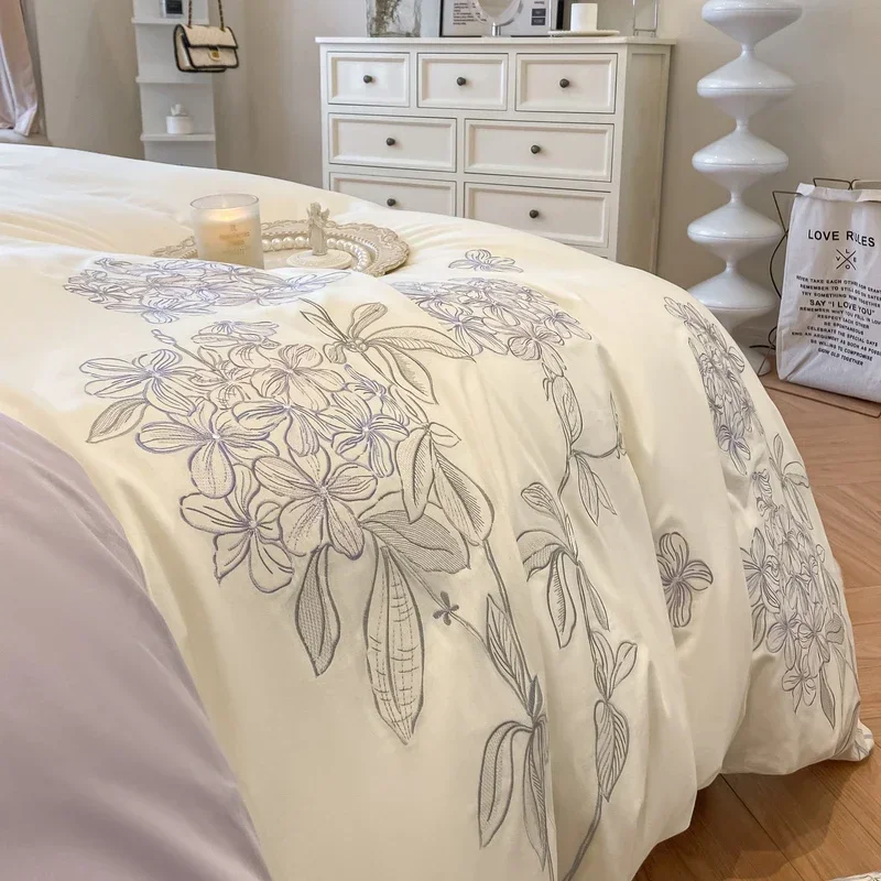 High Quality cotton Bedding Set soft Duvet Cover Flat bed sheet Pillowcases flower embroidery King Queen size 200*230 220*240cm