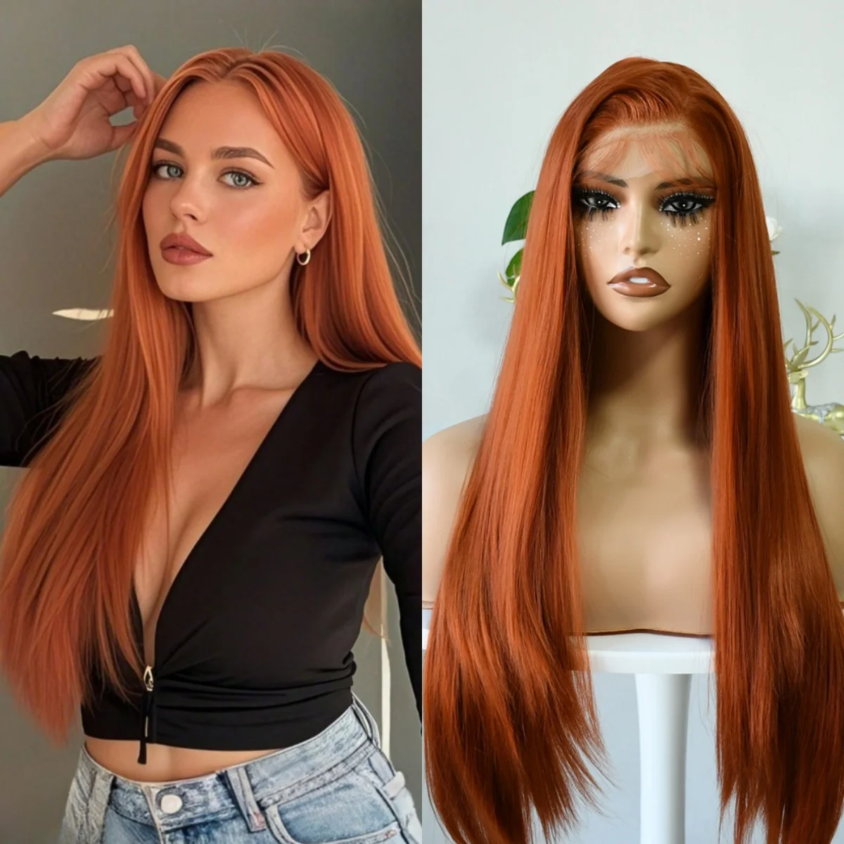 

Long Ginger Wig Bone Straight Lace Front Wigs13x4 HD Transparent Lace Frontal Wigs Synthetic Glueless Pre Plucked Daily Cosplay