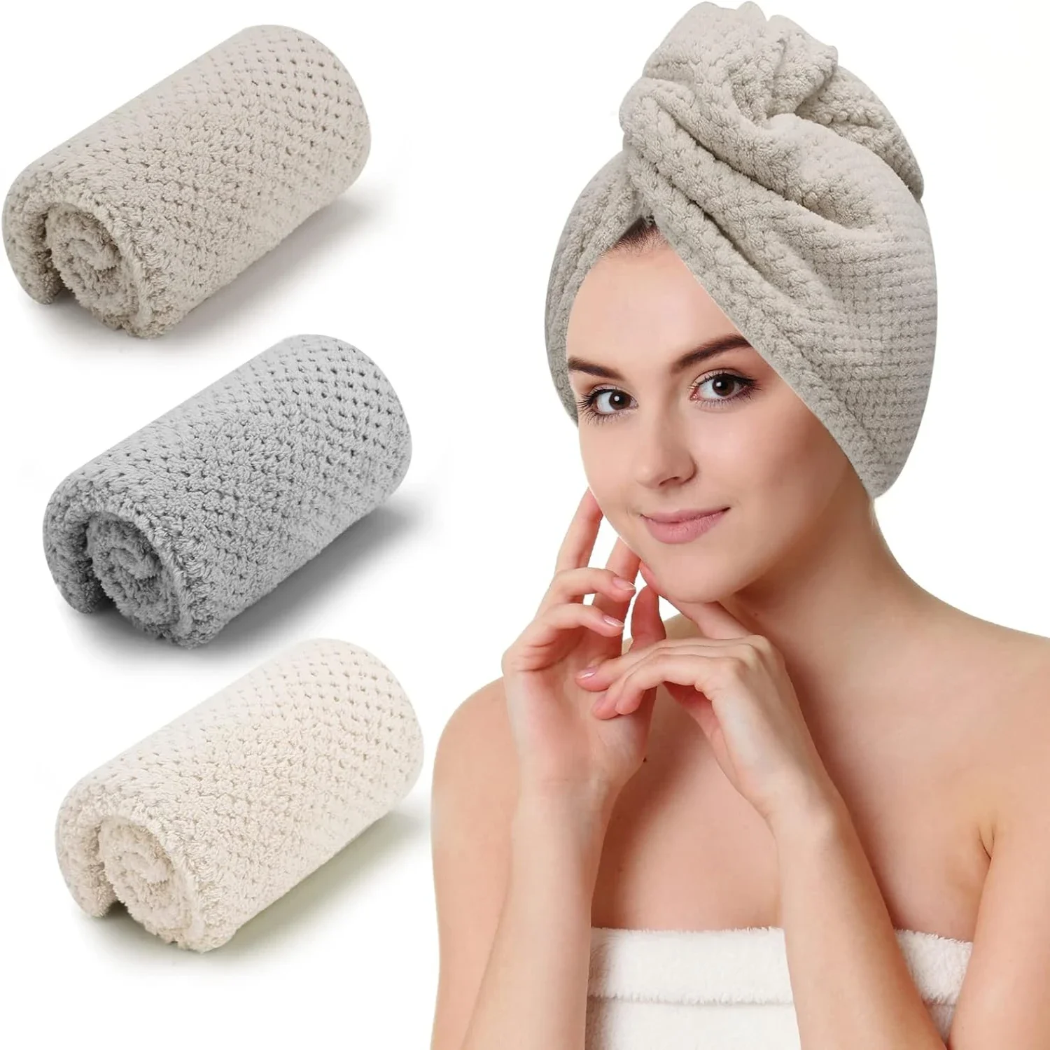 3PCS Microfiber Hair Towel, Hair Wraps for Women Wet Hair, Fast Drying Hair Turban, Anti Frizz Head Towels Wrap for Curly Hair (