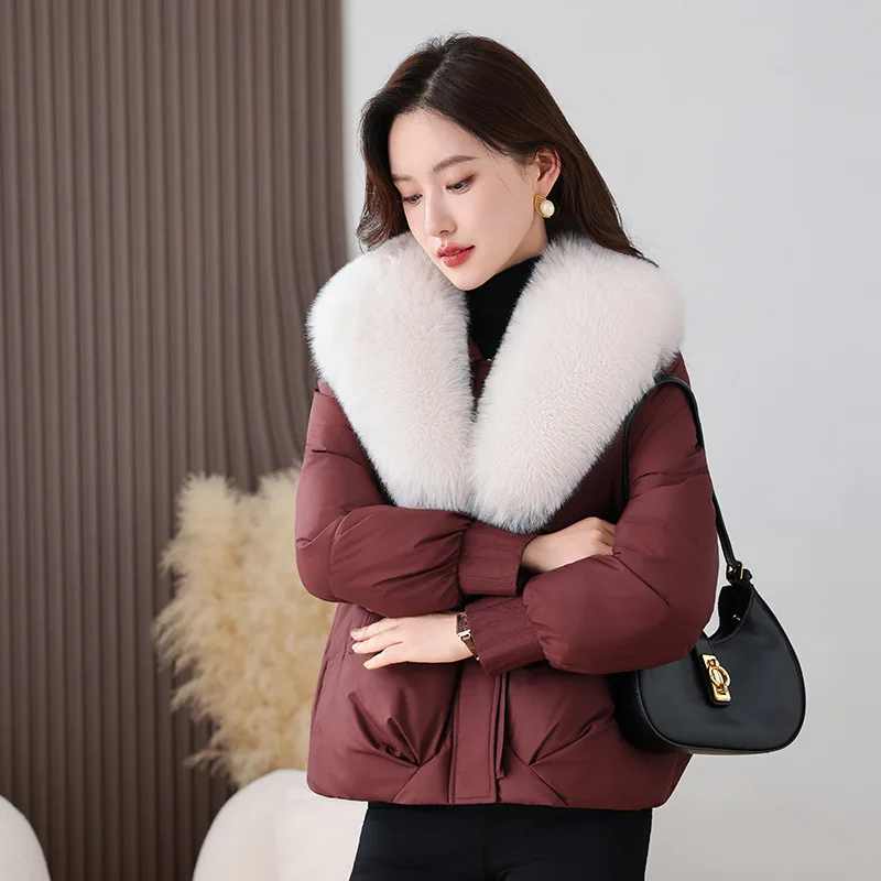 

Women Parkas Autumn Winter Warm Jacket Big Fur Collar Horn Button Cotton Coat Parker Short Cotton Padded Coat Female Outerwear