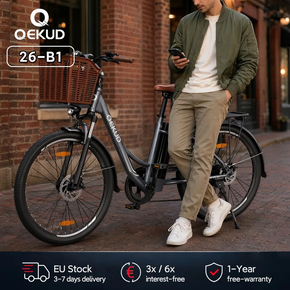 Qekud B1 Elektrofahrrad für Erwachsene, 26 Zoll Urban E-Bike 250W mit 36V 13Ah Akku, 25km/h und 90km Reichweite
