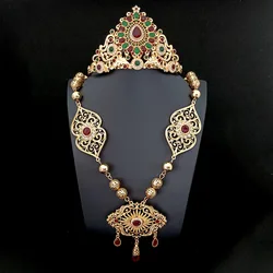 Algeria Wedding Jewelry Set Women Hair Accessories Gold Color Fashion Crystal Bridal Tiara and Crown Wedding Necklace