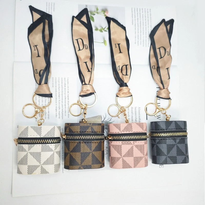 Fashion PU Leather Keychain Portable Storage Bag Geometric Pattern Mini Card Holder Cylinder Hanging Earphone Protection Case