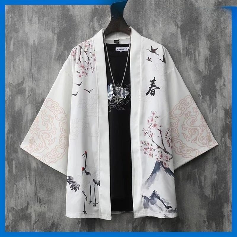 رداء هانفو داو على الطراز الكوري مطبوع عليه طائر أصفر البرقوق عصري فضفاض غير رسمي على الطراز القديم للرجال