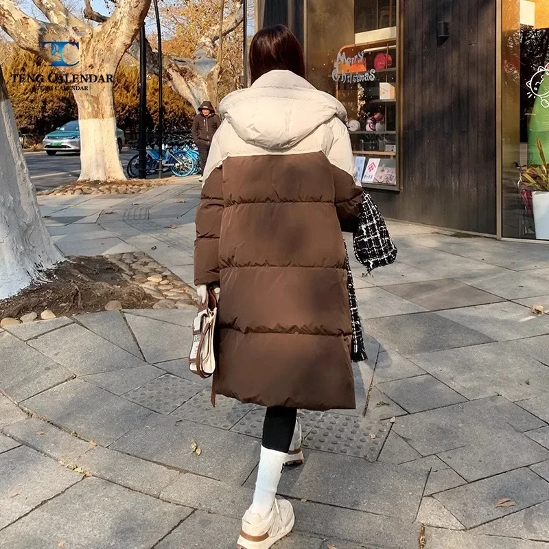 Fashionable Down Cotton Jacket for Women, Korean Long Contrasting Color Hooded, Loose Thick Cotton Jacket, New Style for Winter,