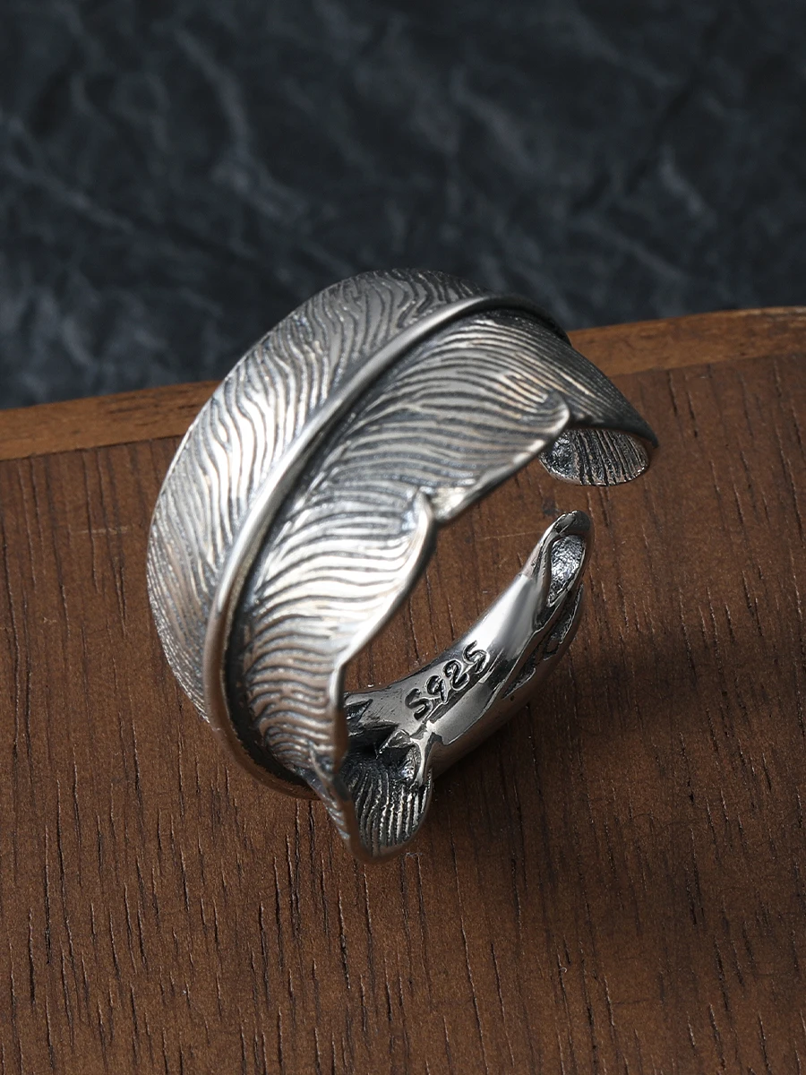 Punk retro 925 sterling silver feather ring Eagle open ring High sense special-interest design bracelet