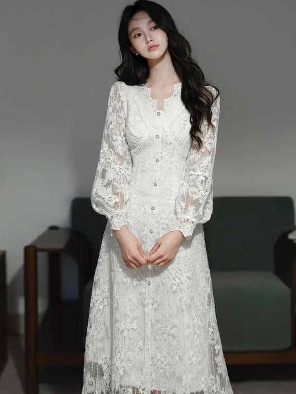 

Unique Korean Sle V-Ne Waist-Cinching Long Dr Ele Autumn Season Mid-Weight Cotton Blend Fairy T Skirt