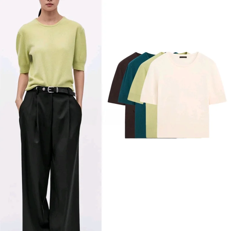 Suéter de Punto para Mujer, Cuello Redondo, Mezcla de Lana, Manga Larga, Borde Acanalado Decorativo, Fibra de Poliéster Suave...