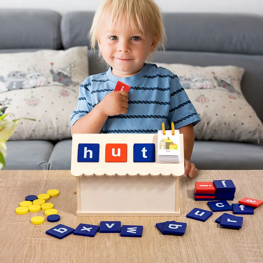 Alfabeto aprendizagem brinquedos jogos de ortografia crianças brinquedo educativo cabine de madeira correspondência casa auxiliares de ensino letras blocos