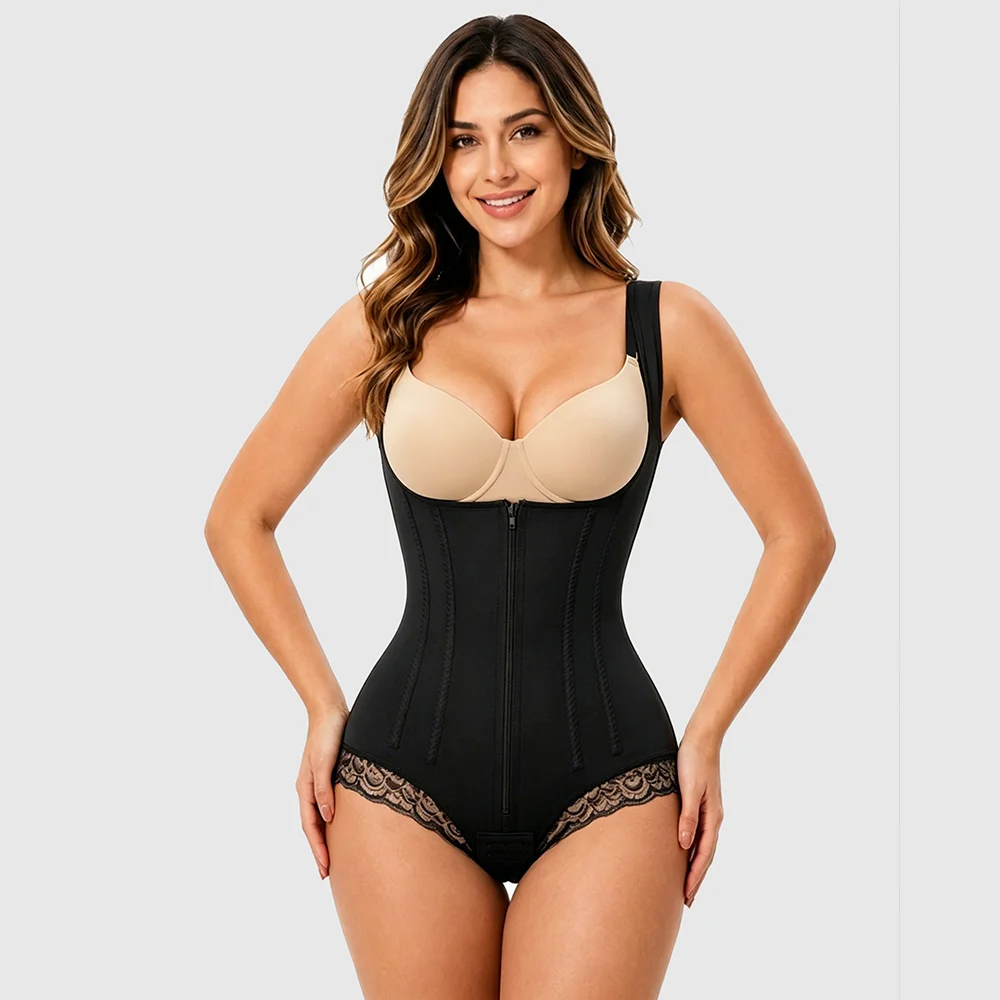 Postpartum Recovery Faja Bodysuit Front Zipper Open Bust Body Shaper Adjustable Shoulder Straps Crotch Hooks Butt Lifterer
