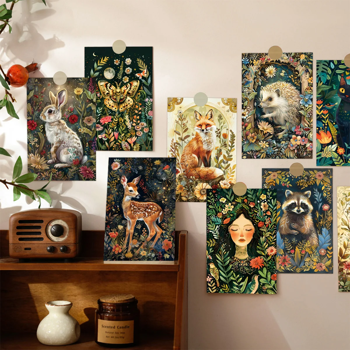 WhimsyWoodland 12-Pack Vintage Wildlife Art Cards,Enchanted Forest Animal Wall Collage Kit,Home Decor,Magical Midnight Postcards