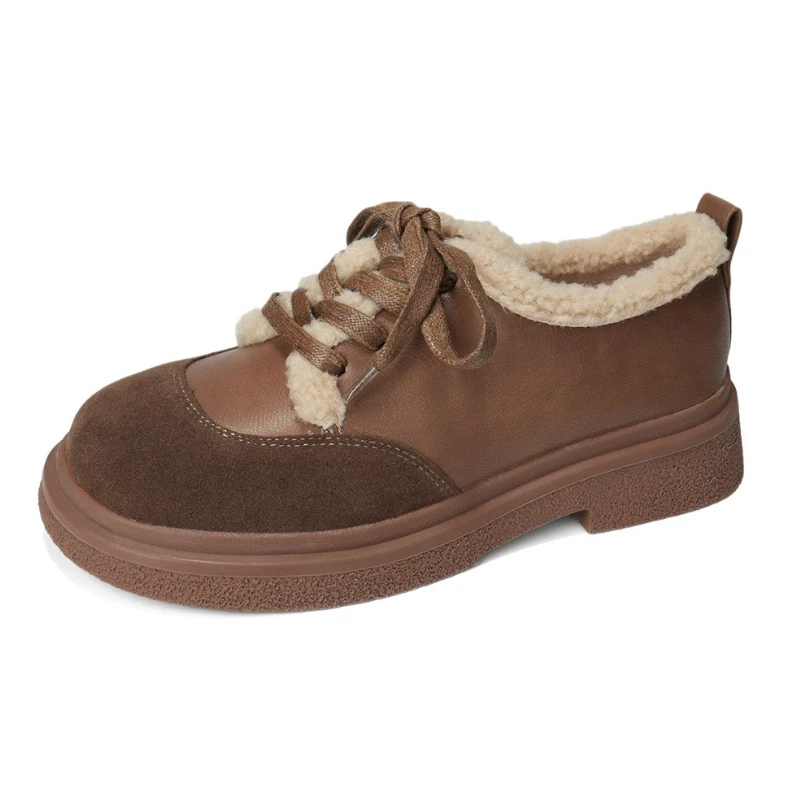 

Winter Short Plush Warm Lace Up Designer Flat Shoes Women Fashion Splicing Comfort Non-slip Cotton Shoe for Ladies Zapatos Mujer