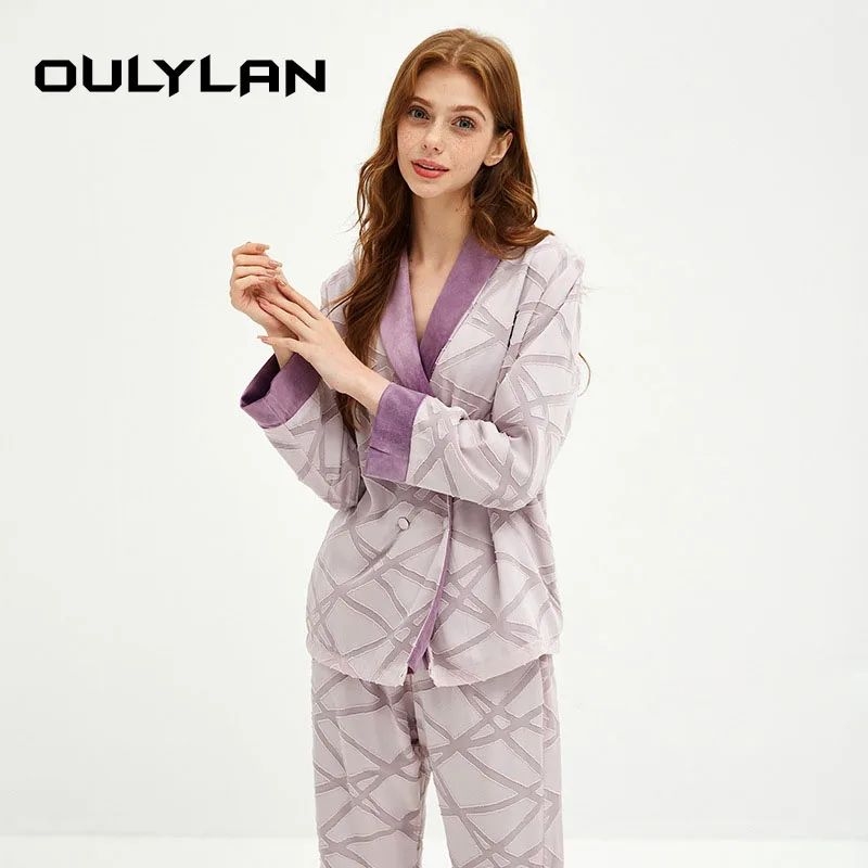 Long-sleeved Thick Polyester Pajamas New Velvet Thickened V-neck Women's Home Clothes Autumn Winter Pajamas Set