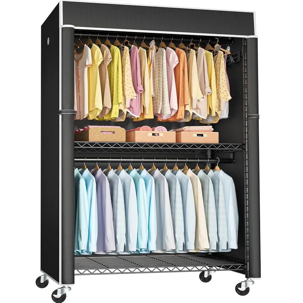 

Bla Clothing Ra With Bla Cover, P1C Plus Rolling Closet With Wheels, Metal Garment Ra For Hanging Clothes, Clothing Storage