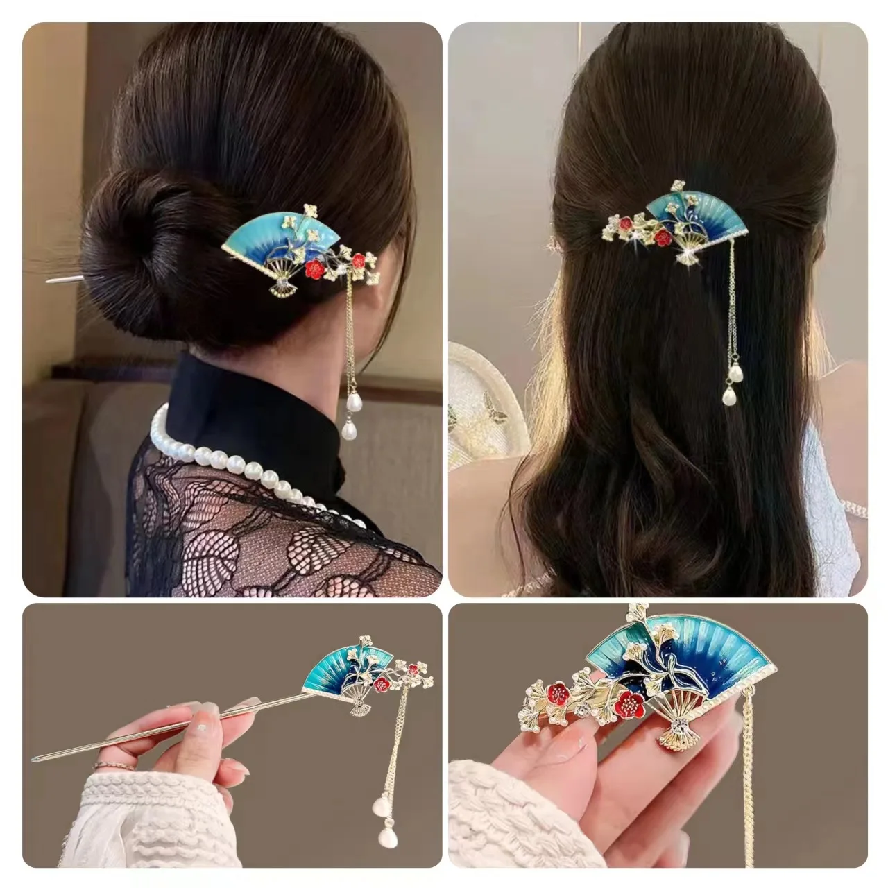 Chinese Ancient Fan-shaped Hairpin Oil Painting Flower Side Clip Temperament Pearl Tassel Hairpin Cheongsam Hanfu Accessories