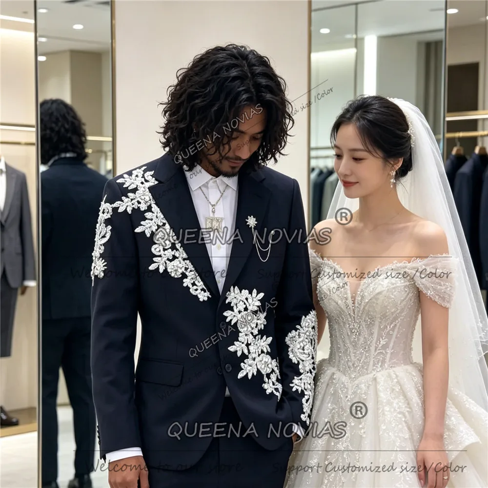

Luxury Beaded Stones Suit Men For Wedding Slim Fit Single Breasted Jacket Pants 2 Piece Sets Groom Tuxedo Attire Costumes Hommes