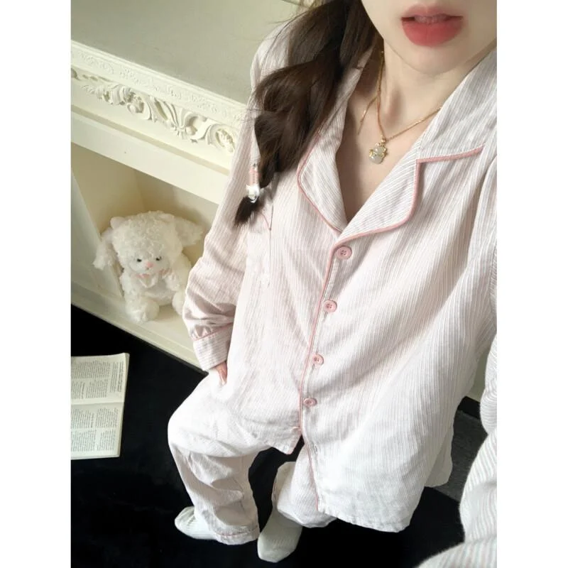 النسخة الكورية من ملابس منزلية من غزل القطن السحابي الراقية من Ins، مجموعة بيجامة عصرية ومثيرة بأكمام طويلة #4