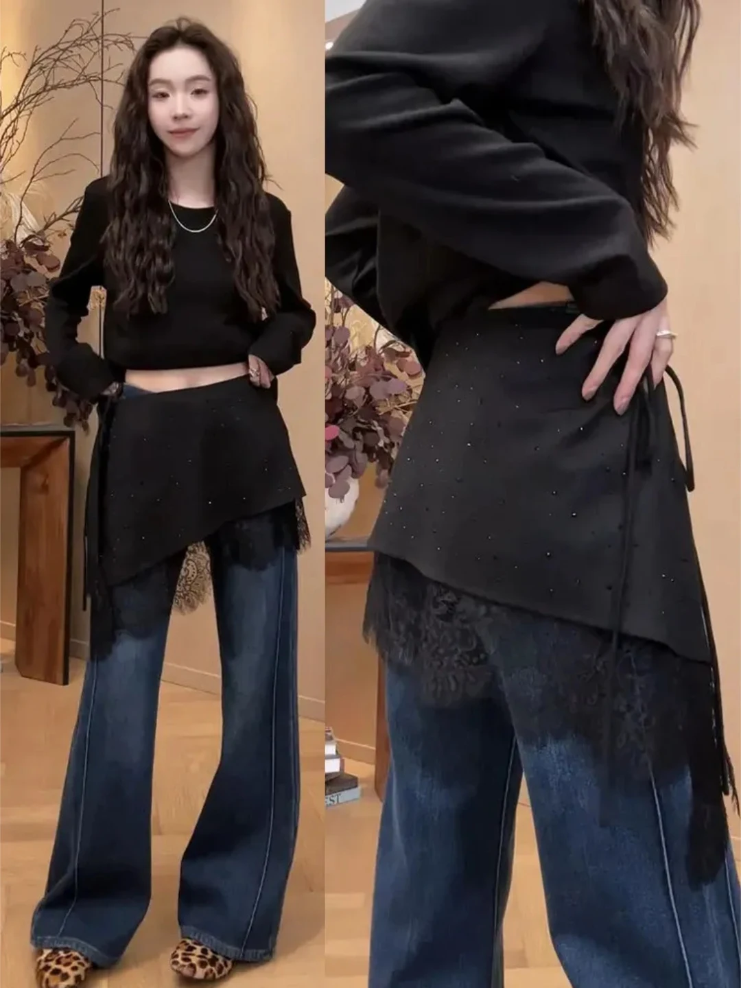 

Юбка женская больших размеров с асимметричным кроем, стразами и кружевными вставками, укороченная, для ранней весны, с завышенной талией, утягивающая, средней длины