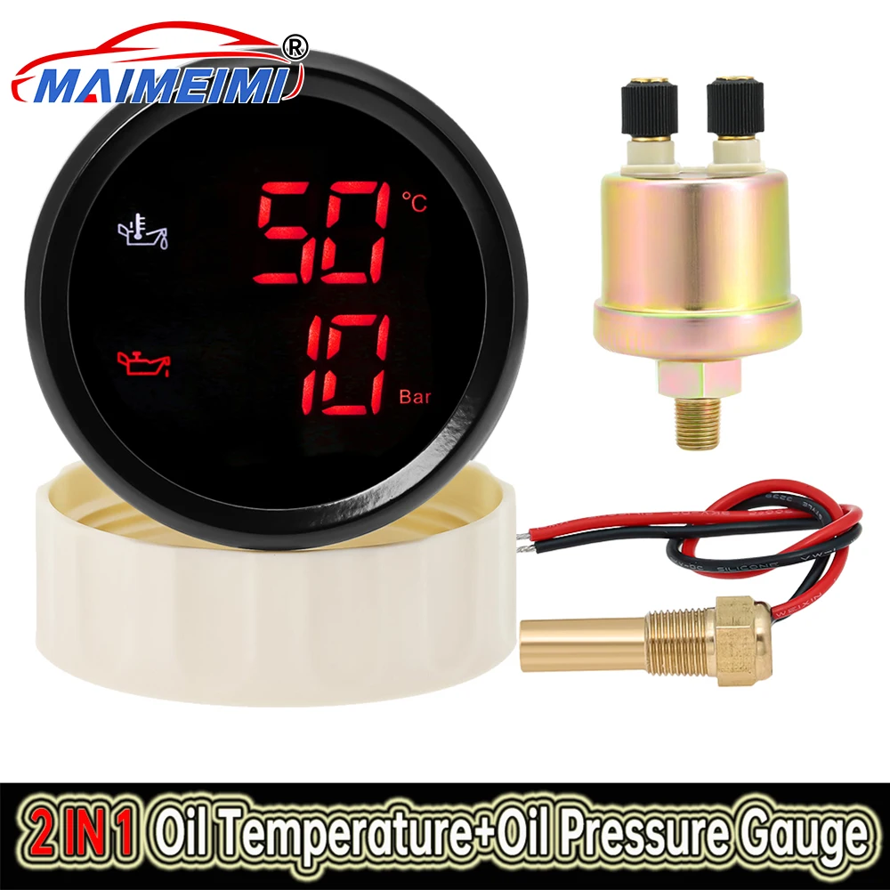 

52mm Car Gauge Red/Green Backlight 2 in 1 Digital Oil Temperature + Oil Pressure Gauge with 0~10 Bar Sensor for Boat Cars