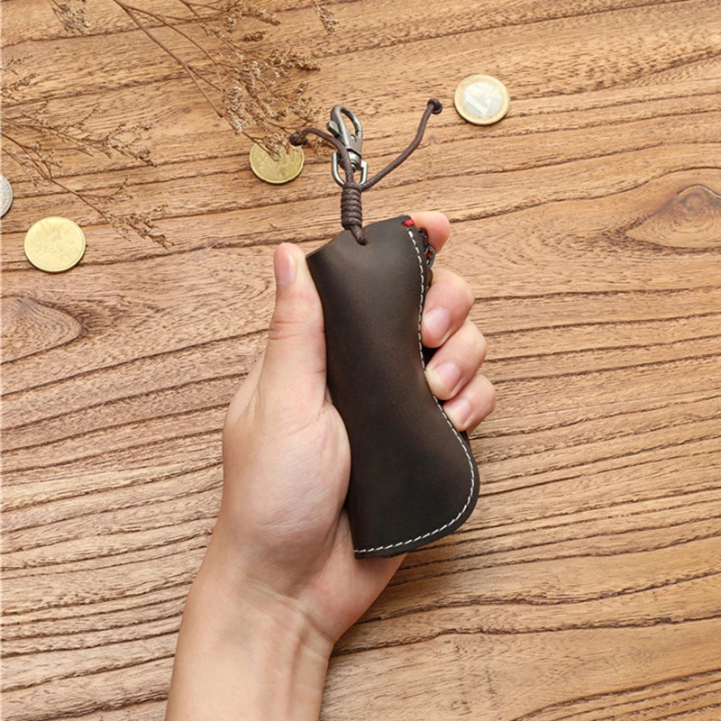 Retro Cowhide Key Holder Genuine Leather Car Key Box Men Women Keys Organizer Zipper Pouch Storage Bag