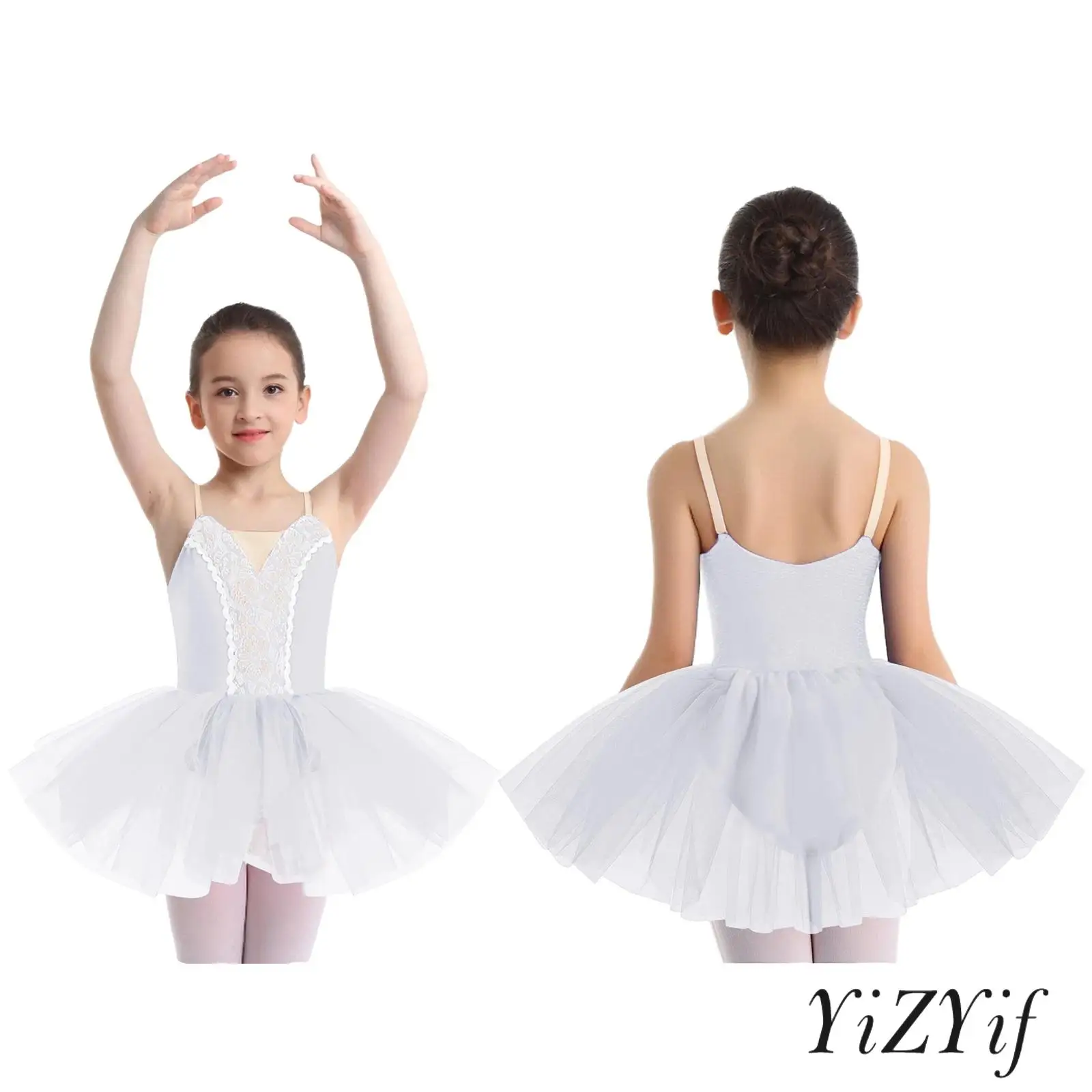 

Kids Girls Lyrical Contemporary Dance Performance Costume Sleeveless Adjustable Spaghetti Straps Front Lace Tutu Ballet Dress