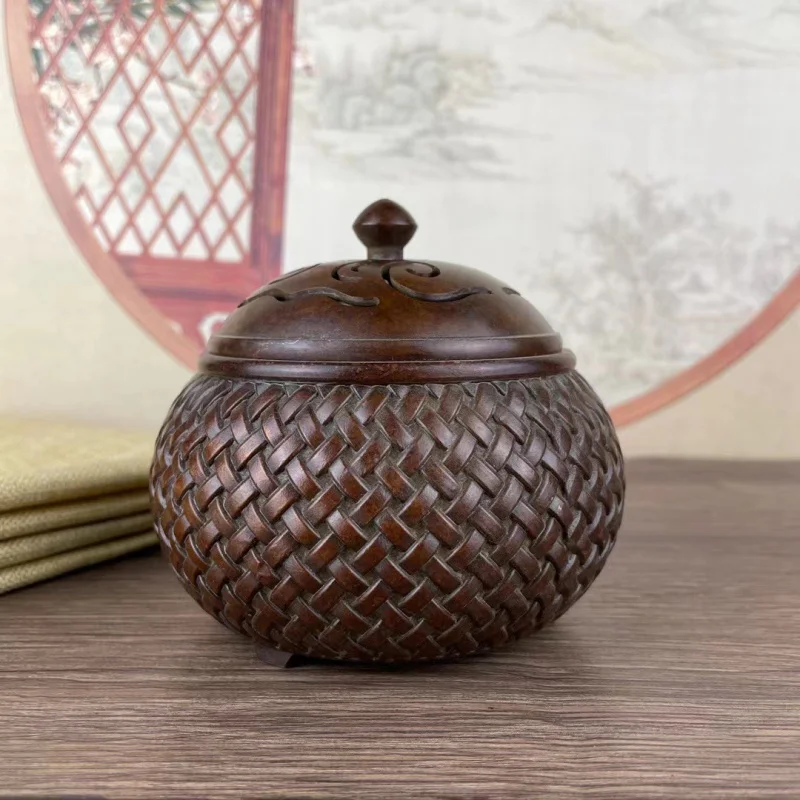 Antique Bamboo Basket Copper Incense Burner Home Indoor Large Offering Burner Incense Burner Coil Incense Burner Copp