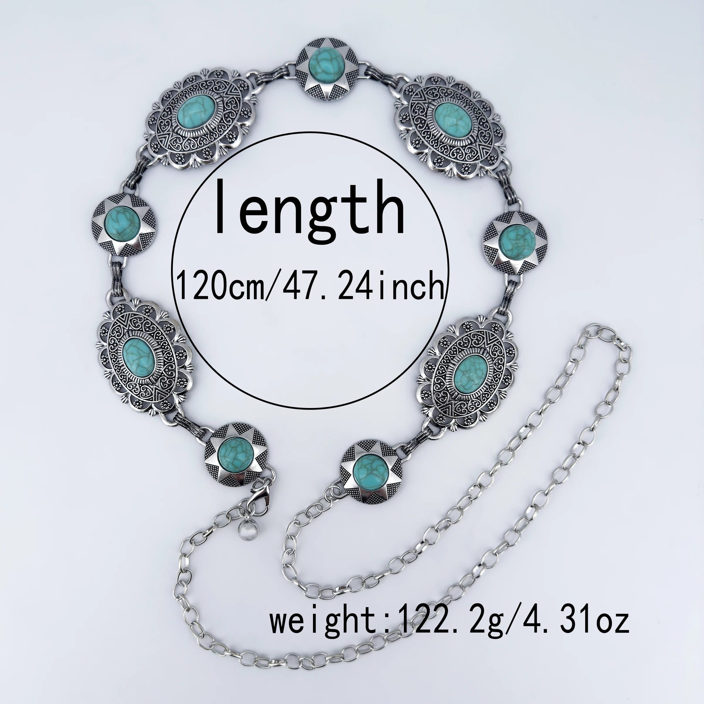 Westlicher Vintage-Ethno-Stil, hohler ovaler Gürtel mit Türkis-Einlage, luxuriöser Damen-Metallgürtel, passend zum Rock, für einen gehobenen modischen Auftritt – Detail 2