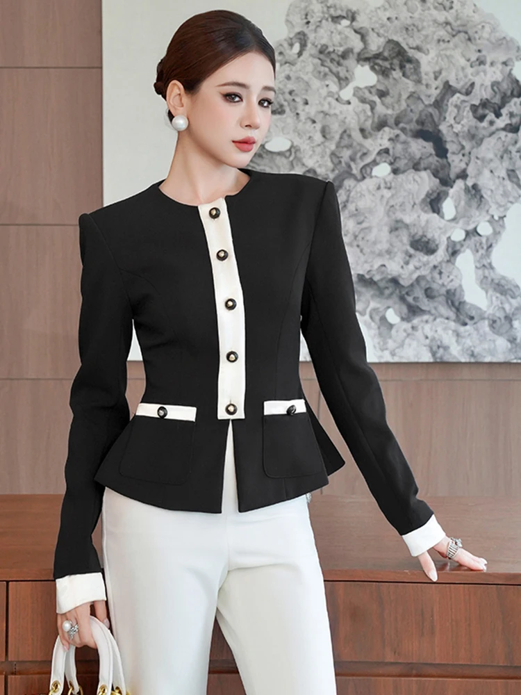 

Женская мода, элегантная официальная куртка, белый, черный лоскутный костюм, топы, женское профессиональное деловое пальто, вечерние пиджаки, верхняя одежда, новинка