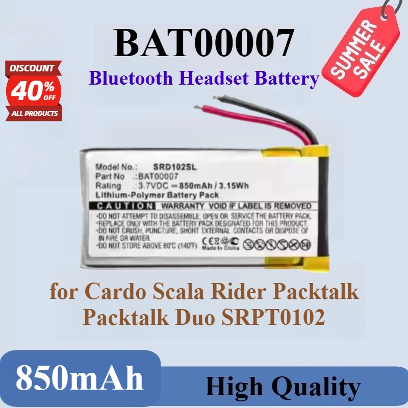 

BAT00007 3.7V 850mAh Bluetooth Headset Battery for Cardo Scala Rider Packtalk Packtalk Duo SRPT0102 Rechargeable Li-Po Baterias