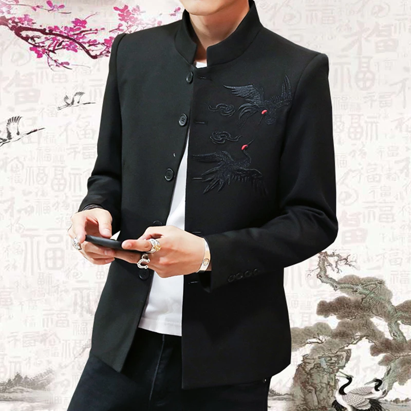 Chinese Style Red-Crowned Crane Embroidery Men Tunic Suit Jacket 2024 New Stand Collar Zhongshan Jacket Casual Blazer