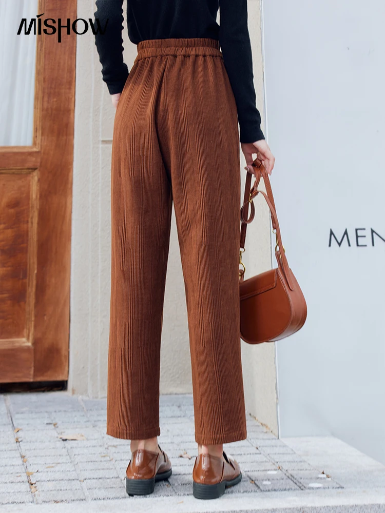 MISHOW Corduroy Straight Pants for Women 2024 Autumn Casual Elastic High Waist Pocket Solid Ankle Length Pencil Pants MXC47K0466