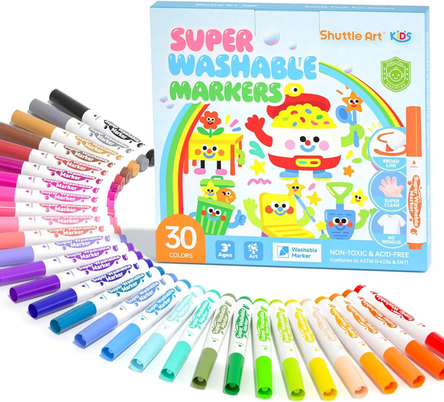

30 Colors Washable Markers for Kids, Broad Line Conical Tip, Ultra Clean Coloring Set for School Home