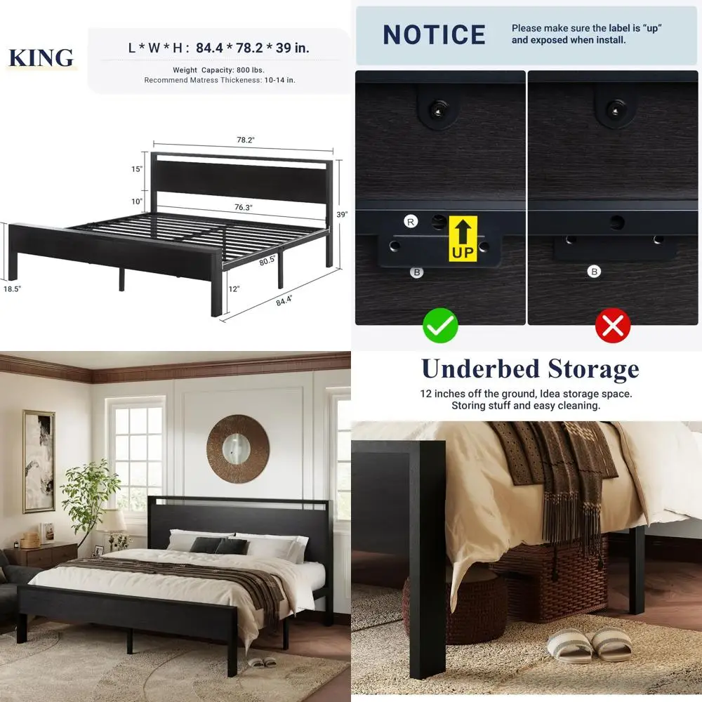 

Кровать King Size с деревянным ламельным основанием, усиленная конструкция, без пружинного блока, с местом для хранения под кроватью, бесшумная, простая сборка, черная.