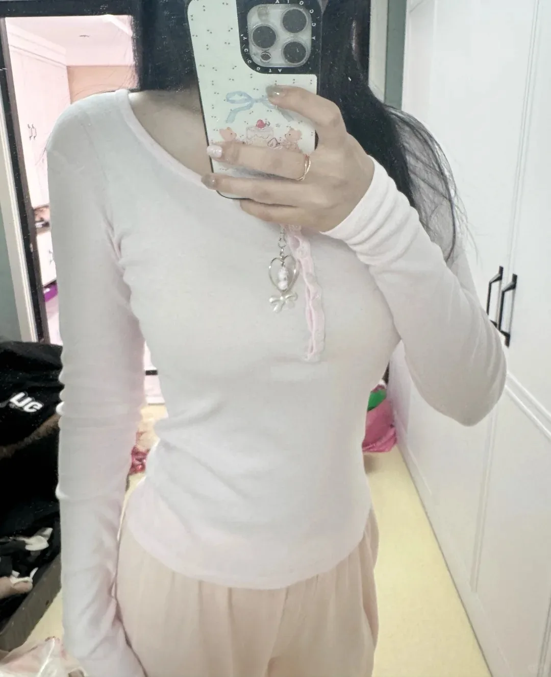 لطيف الوردي ستة أزرار القطن سليم تي شيرت المرأة الخريف جديد عادية كل مباراة كم طويل تيز الحلو الأساسية بسيطة التي شيرت Y2K القمم