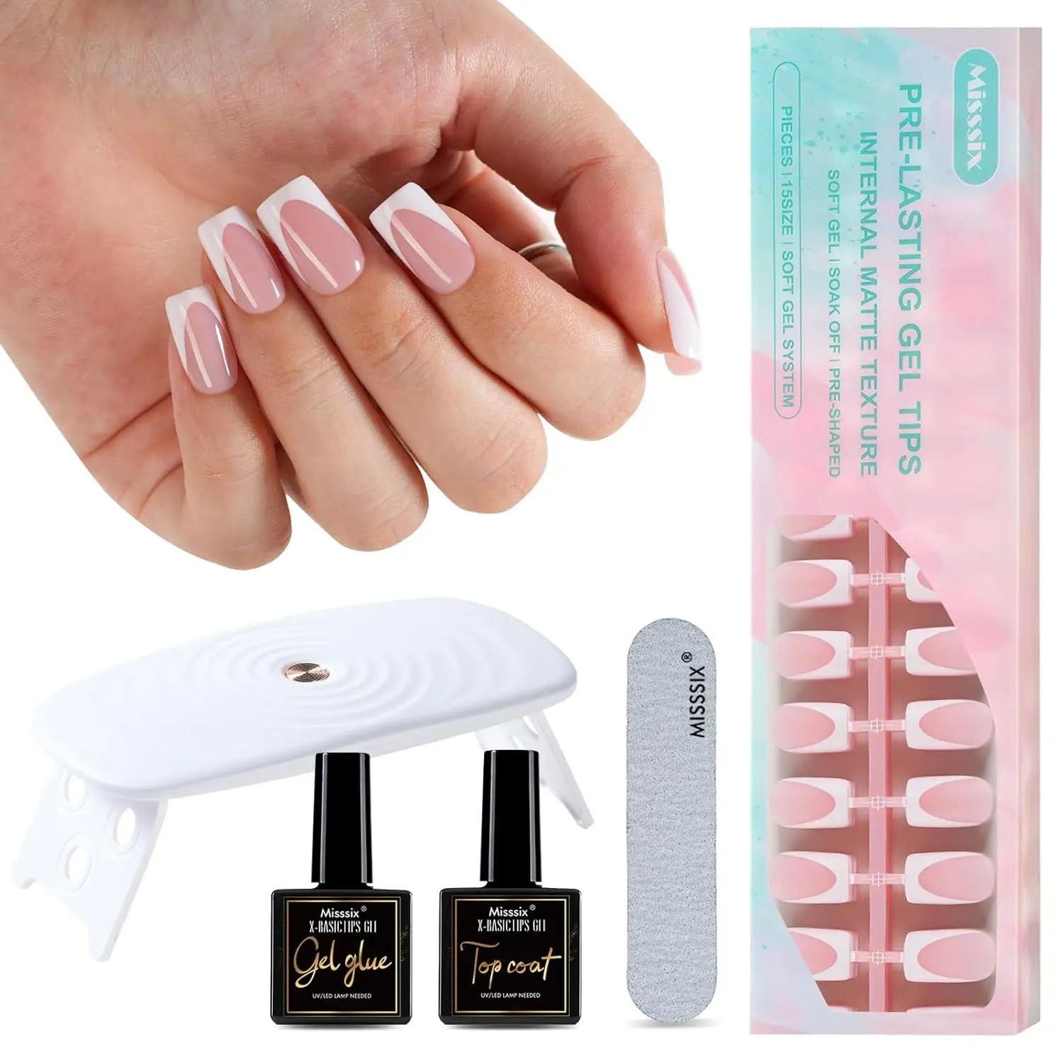 Deep French Tip Press On Nails, 160Pcs French Gel Nail Tips, Short Square Soft Gel Fake Nails, X-BASIC Tips Starter Kit for Nail