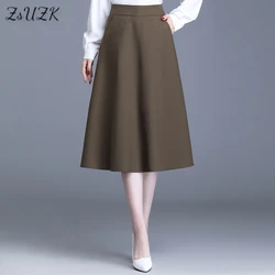 ZUZK Women Solid A-Line Suit Skirt Spring Autumn Elastic Waist Mid-Length Pocket Office Lady Skirt Casual Skirt