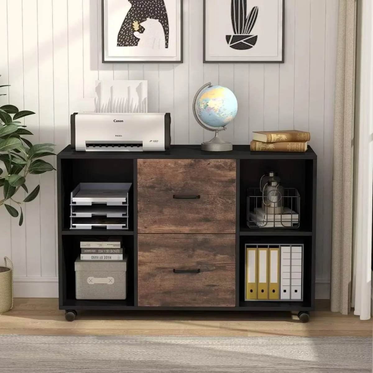 2 Drawer File Cabinet, Large Mobile Lateral Filing Cabinet for Letter Size, Printer Stand with Storage Shelves (Black/Rustic)