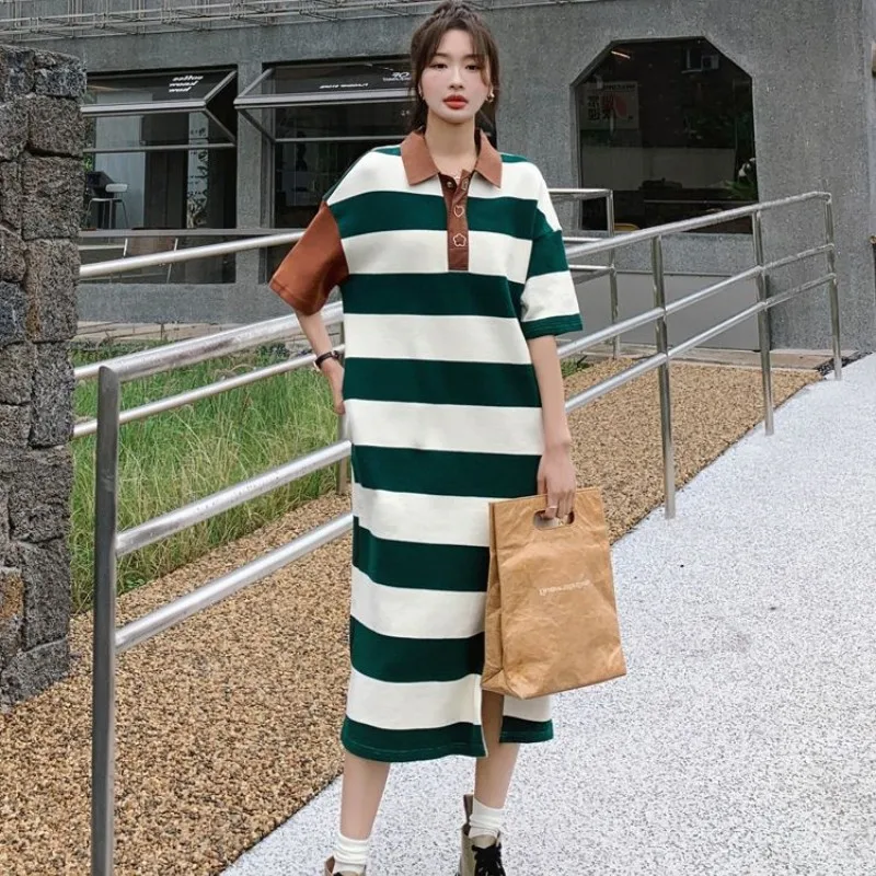 Été nouveau col à rayures pour femmes ort Sve Dr Ele Design décontracté Faion t-shirt Long Dr Maxi Dr