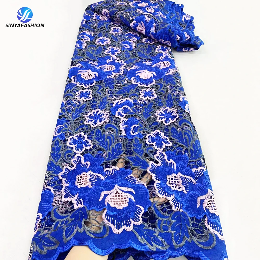 Sinya Royal Blue Hot Sale Nigerian Guipure Cord Lace Fabric High Quality African Laser Chiffon Water Soluble Lace For Wedding