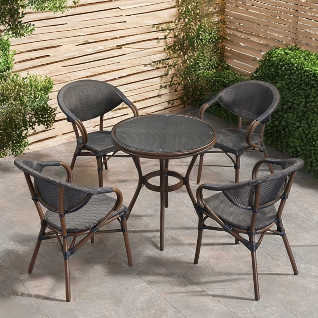 

Modern Aluminum Mesh French Bistro Cafe Chairs Stackable Rattan Garden Furniture Home Restaurant Outdoor Dining Table Chair Set