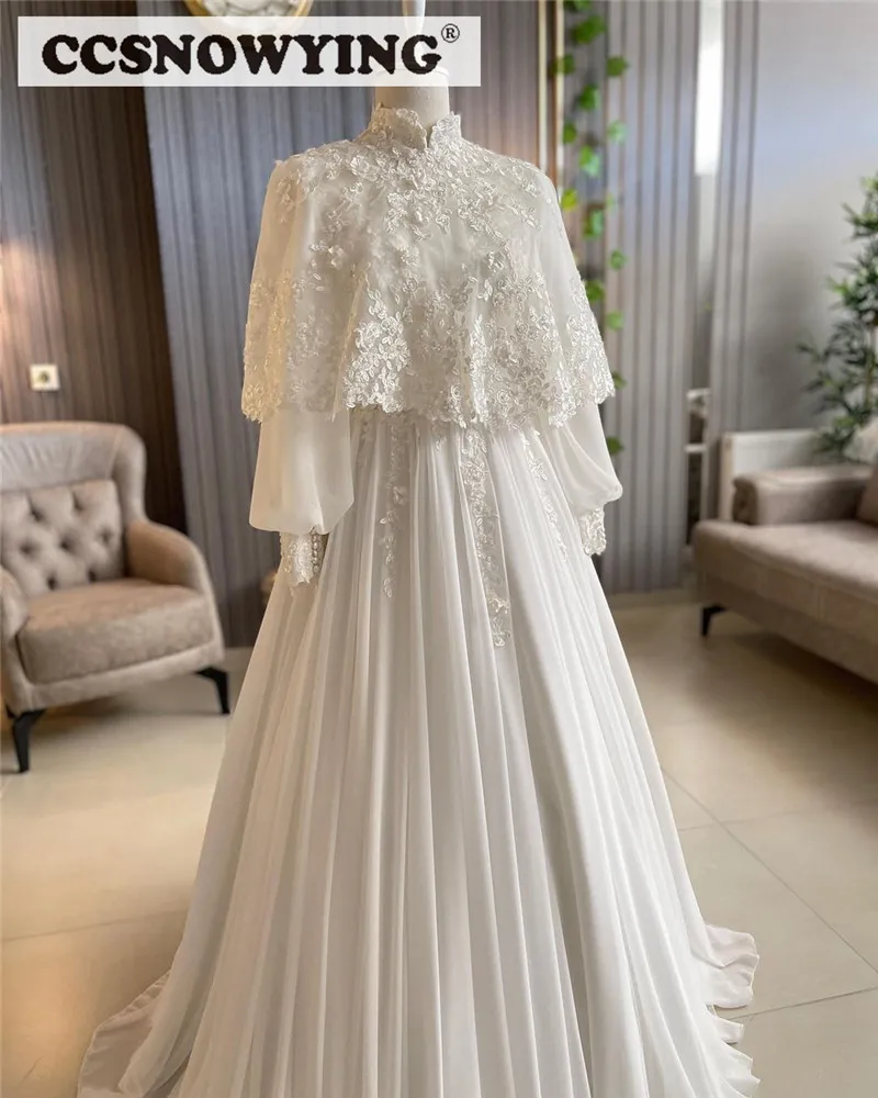 Chiffon Appliques Long Sleeve Muslim Wedding Dress with Cape Arabic Dubai Bride Gown High Neck Islamic Vestidos De Novia